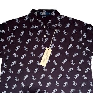Polo Ralph Lauren Vintage All Over Seahorse Print Navy Blue Polo Shirt Mens L